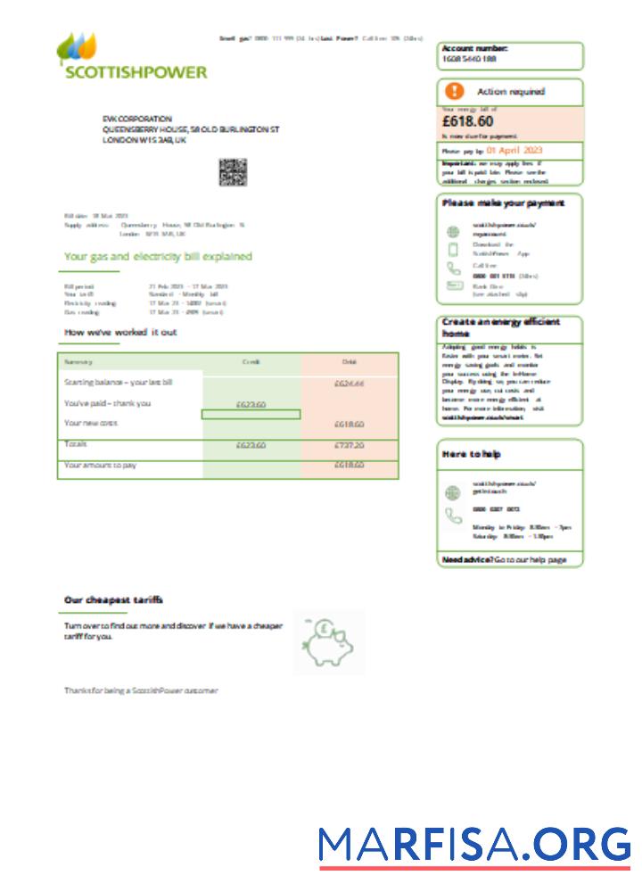 Printable Scottish Power UK PLC utility business bill, SCR template